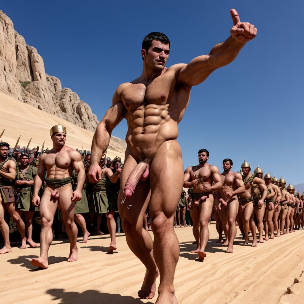 Un hombre desnudo, muy musculado y de aspecto atlético, avanza descalzo por un desierto de arena con el brazo extendido y el dedo señalando hacia delante, mostrando el torso marcado, abdominales definidos y el pene visible. A su alrededor camina una formación de hombres también desnudos o con mínimos elementos de vestimenta guerrera, algunos con cascos dorados, capas verdes, lanzas y escudos, evocando un ejército antiguo o una escena de fantasía histórica. El paisaje está dominado por dunas, montañas rocosas y un cielo azul intenso, con luz solar fuerte que resalta las sombras, la piel bronceada y la estética épica de desfile militar.