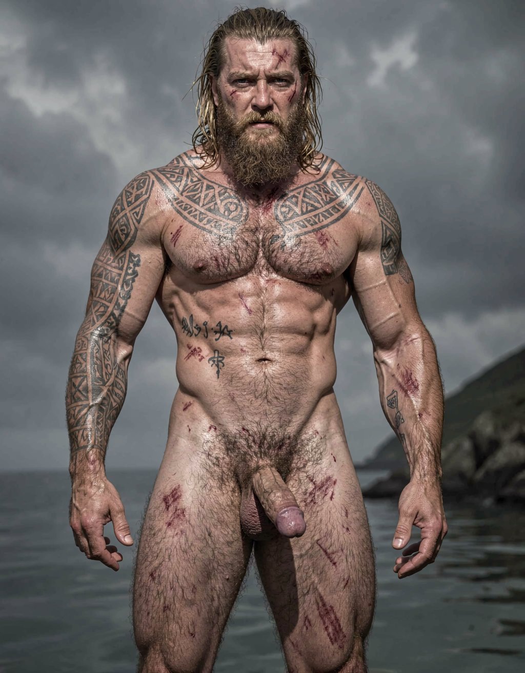 Amleth (Alexander Skarsgård) — Está de cuerpo entero desde los pies hasta la cabeza. Es el protagonista de la historia y es el príncipe vikingo que presencia el asesinato de su padre, el rey Aurvandil. Jura venganza y se convierte en un berserker implacable. Físicamente es una bestia: masivo, tatuado, cubierto de cicatrices, pelo largo y sucio. Su motivación es animal, casi mística. No es un héroe noble; es pura rabia y destino. ---
Altura imponente, unos 194 cm. Cuerpo masivo, musculatura densa y trabajada, no estilizada — parece esculpido a hachazos. Pectorales anchos y marcados y definidos, abdomen marcado pero muy definido como un culturista; es un cuerpo de 7% de grasa corporal, de guerrero que ha pasado años remando, luchando y matando. Hombros desproporcionadamente anchos, cintura más estrecha y pequeña. Brazos fuertes marcados y definidos con venas visibles en antebrazos y bíceps cuando empuña el hacha. Muslos poderosos, pantorrillas fibrosas. Piel pálida, casi grisácea bajo la suciedad y la sangre, cubierta de cicatrices: una grande que le cruza el torso, cortes menores en brazos y costillas. Tatuajes oscuros y densos — símbolos nórdicos, runas, líneas geométricas — que le cubren el pecho, los hombros y parte de la espalda. Vello corporal oscuro, especialmente en el pecho y el pubis. Cara angulosa, mandíbula cuadrada, pómulos marcados. Barba espesa y desigual, más larga en la barbilla, mezcla de rubio sucio y castaño claro, a menudo enmarañada. Pelo rubio sucio, largo, lacio, con mechones más oscuros por la mugre, a veces recogido. Cejas espesas, ojos azul pálido, mirada fija y desquiciada, con un brillo de locura contenida. Labios finos y agrietados. Cicatriz en el labio superior que le tira ligeramente la comisura. Su olor sería a cuero mojado, sudor rancio, hierro y tierra.
Tiene una polla proporcional a su tamaño de 22 cm de largo y 4 cm de ancho; está circuncidado, con el glande grueso y visible; el tronco del pene es largo, con venas marcadas que le recorren el lateral; tiene un vello púbico denso, oscuro, en forma de V invertida que le sube hasta el ombligo; tiene testículos grandes, colgando ligeramente asimétricos, con la piel del escroto arrugada y más clara que el resto del cuerpo; el pene erecto se curva ligeramente hacia arriba, con la cabeza bien definida y el frenillo tirante; su pene es una herramienta brutal, acorde con el berserker que la porta. Lleva sandalias vikingas en sus pies. Tiene mucho vello corporal, sobre todo en el pecho.
