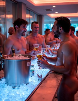 A group of naked men chat animatedly at a bar counter in a spa or private club atmosphere, lit by warm tones on the ceiling and an intense blue light that highlights the ice on the counter. In the foreground, a man in profile holds a glass of beer while talking with another curly-haired man who is smiling, both relaxed and unclothed, with bare torsos and partially visible bodies. On the bar are glasses of beer, a bottle of water, and a large metal ice bucket filled with ice with a bottle inside. In the background, more men appear socializing among glass reflections, creating an intimate, festive, and relaxed scene.