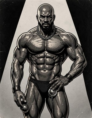 A bald and extremely muscular man appears standing under a triangular spotlight, with a black-and-white noir comic-style illustration aesthetic. His bare torso highlights pectorals, defined abs, broad shoulders, vascular arms, and very defined legs, with intense highlights accentuating sweaty or metallic skin. He wears a thick chain around his neck, wrist bracers, and very tight black briefs. His expression is serious and intimidating, with a short beard and a forward-facing gaze. In each hand he holds a metallic sphere attached to a chain, evoking weights, shackles, or strength accessories, within a dramatic composition of gym atmosphere, visual domination, and bodybuilding.