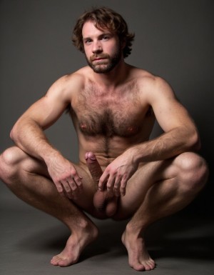 Hombre con mucho vello corporal musculoso totalmente desnudo agachado con pene erecto