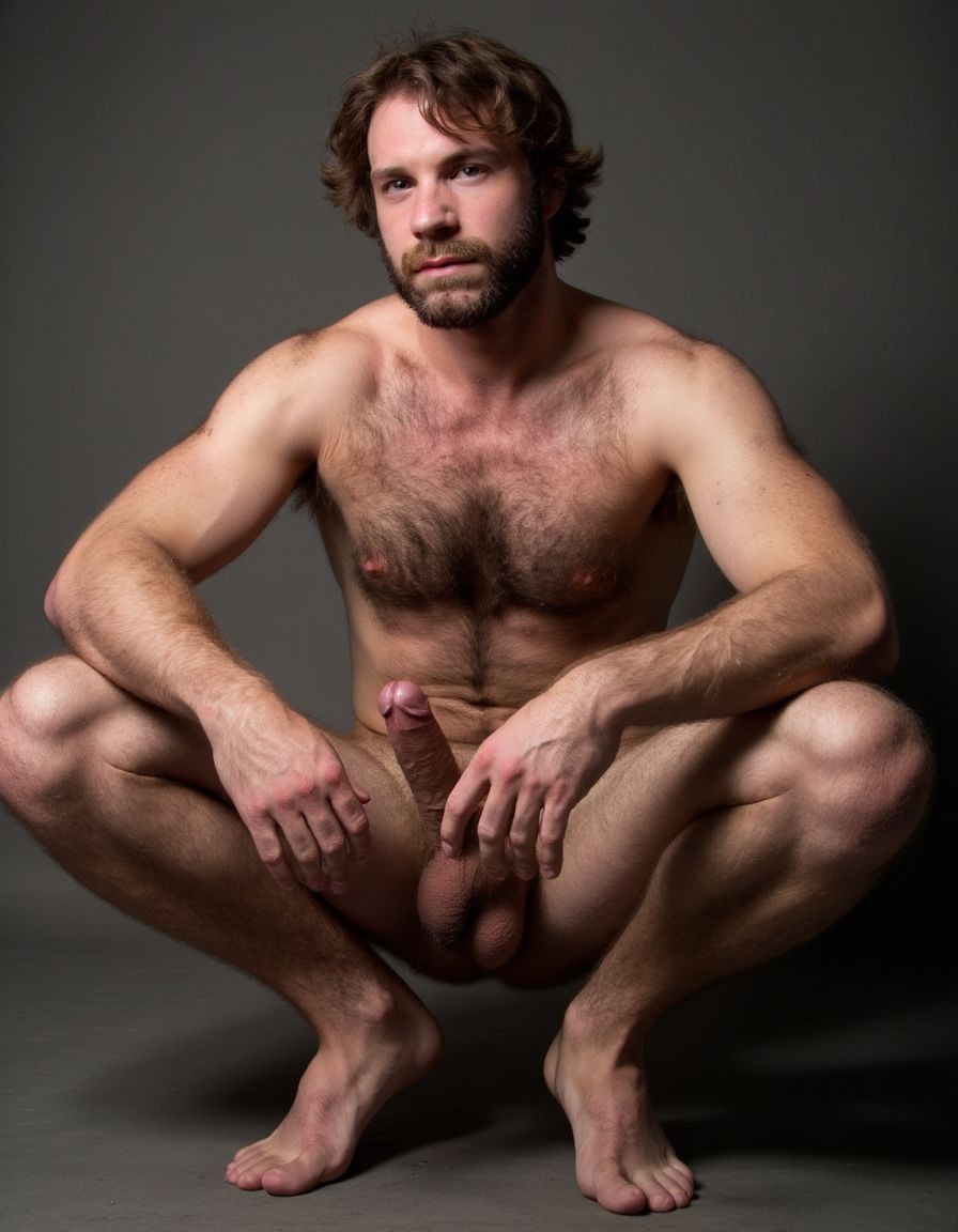 Naked man squatting on a gray studio floor, with his legs open, feet planted, and arms resting on his knees while looking directly at the camera with a serious and calm expression. He has somewhat messy brown hair, a short beard, a hairy torso, and an athletic build, with soft lighting that highlights the muscles of his arms, chest, abdomen, and legs. The penis and testicles are visible between his thighs in a frontal and natural pose, with no clothing or accessories. The dark, neutral background, together with the centered composition, creates an intimate, sober, and minimalist body portrait.