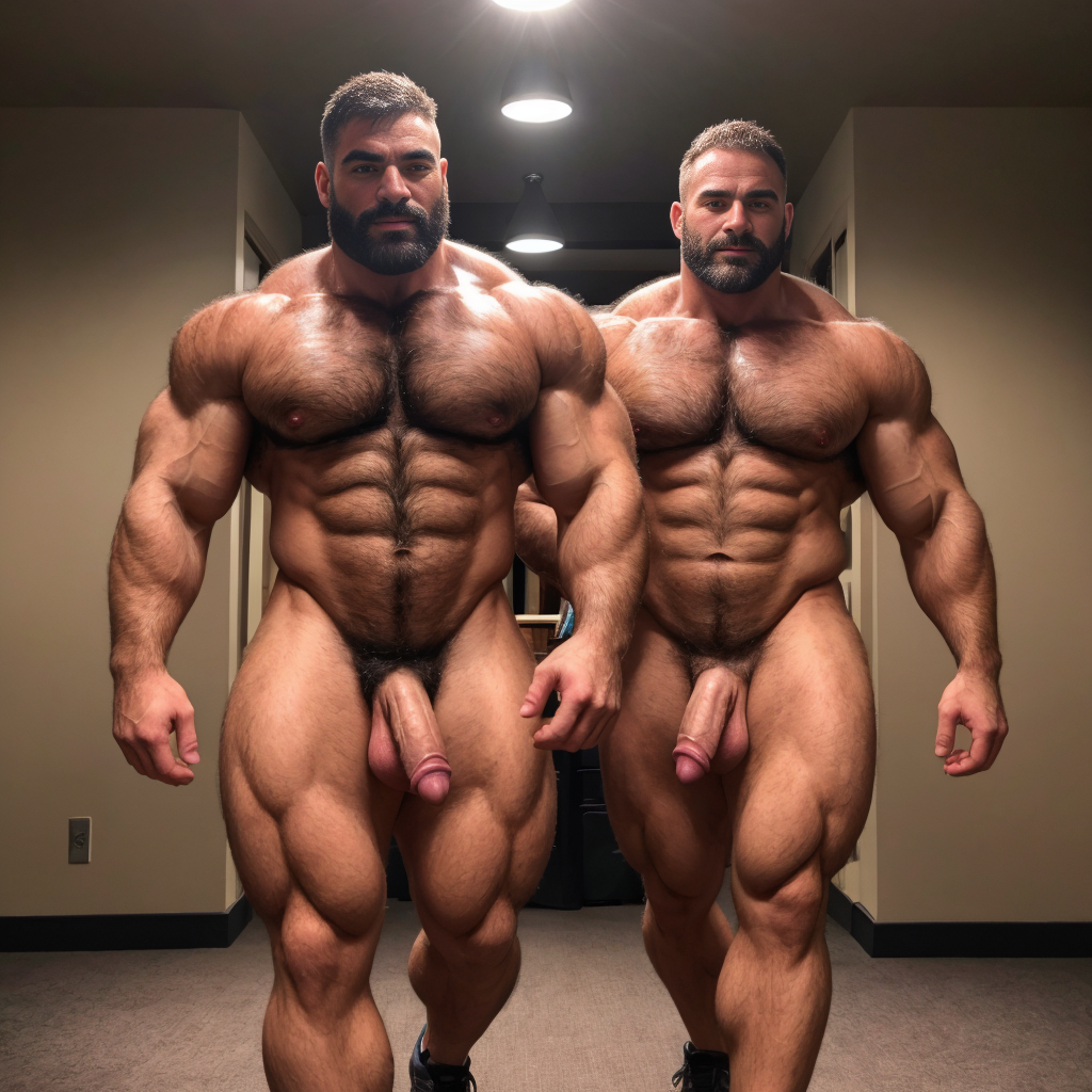 Dos hombres machos musculosos desnudos muy viriles con pene grande y testículos grandes y peludos. Caminando 5