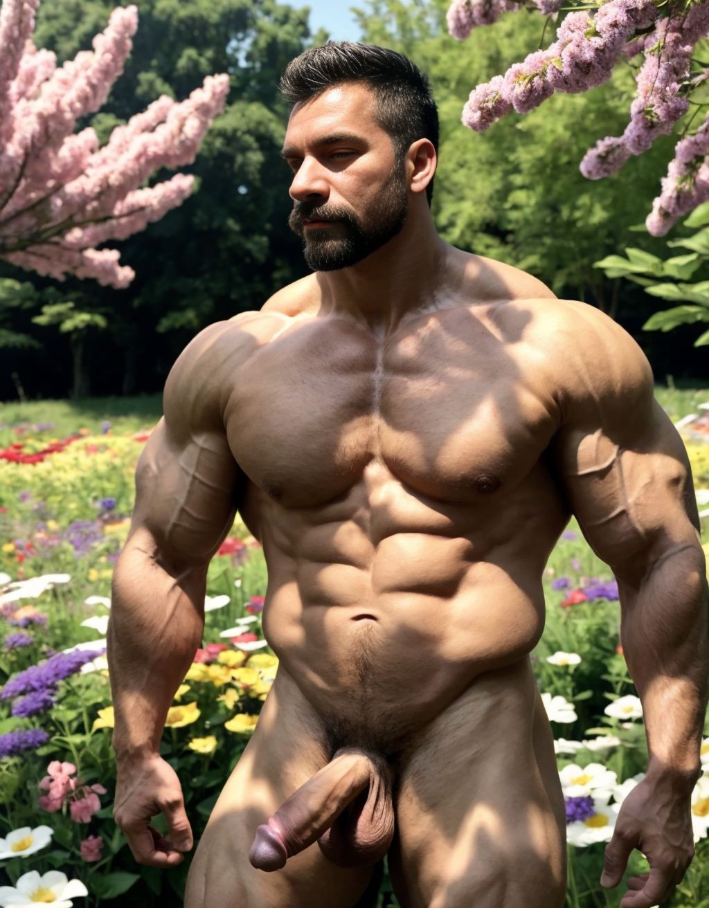 Hombre de  50 años, moreno, desnudo, delgado, con pene erecto, testículos visibles son grandes y están velludos, pecho y brazos velludos, cara delgada, cabello rubio, mostrando trasero perfecto, muy atractivo y viril, cuerpo completo. Lleva sandalias en sus pies. Está parado en el campo florido. Su cara tiene mentón grande y con hoyete. Hombre culturista, músculos muy definidos. Está inclinado hacia adelante para enseñar sus músculos definidos. Tienes grandes huevos y peludos. Tiene bigote. Está de perfil enseñando los testículos. Masturbación: 2