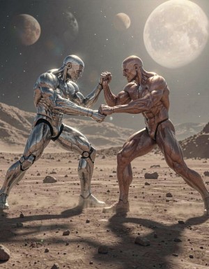 Dos robots humanoides de metal pero con forma humana y con cuerpos hiper musculosos y definidos, luchan intensamente en el suelo polvoriento de un planeta extraño, sus cuerpos desnudos brillan bajo la luz tenue del sol alienígena. Sus músculos se tensan y se flexionan a medida que se golpean y se empujan, sus penes erectos y metálicos se destacan en la escena