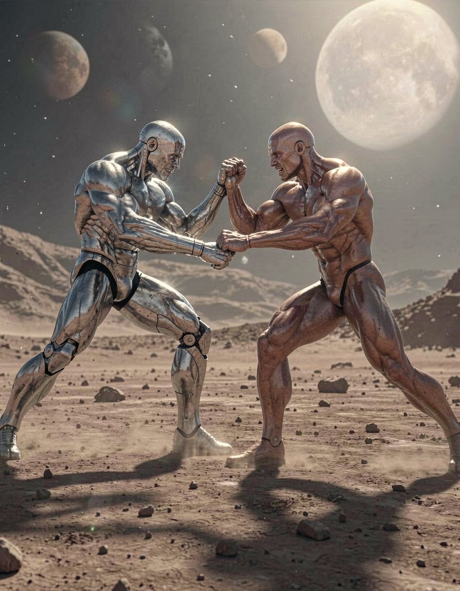 Dos figuras humanoides se enfrentan en un paisaje lunar y desértico, agarradas con fuerza por las manos en una especie de pulso o duelo físico sobre un terreno polvoriento lleno de rocas. A la izquierda aparece un androide metálico plateado, con cuerpo anatómico brillante, articulaciones visibles y aspecto futurista de cyborg; a la derecha, un hombre calvo extremadamente musculado, de piel cobriza, lleva solo una pequeña prenda negra tipo tanga o taparrabos que deja casi todo el cuerpo desnudo. Ambos tensan brazos, hombros y piernas en una postura de combate, levantando polvo bajo sus pies. Al fondo se extienden montañas áridas y un cielo espacial con estrellas, varios planetas y una enorme luna iluminada que refuerza la atmósfera de ciencia ficción épica.
