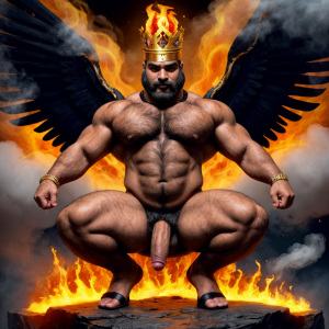 Cneo Pompeyo Magno desnudo con pene grande y testículos grandes peludos. Hombre Catón y hombre Cicerón están desnudos andando y cerca de Cneo Pompeyo Magno. Doblan el brazo derecho para enseñar los bíceps del brazo derecho con gran orgullo. Tiene mucho vello por todo el cuerpo. Está agachado. Está bronceado. Las sandalias están bonitas. Tiene corona de oro. Tiene alas de diablo negras y rojas oscuro. Tiene cara de malvado y serio. Por su boca sale un chorro de fuego y humo blanco. Los brazos están hacia arriba implorando rayos y fuego. El fuego sale del pene a chorros hacia arriba de su pene erecto tieso hacia arriba. Sus ojos son grandes y rojos. Está de perfil enseñando sus grandes testículos. Se ve de lado apreciándose su gran pene y sus testículos negros