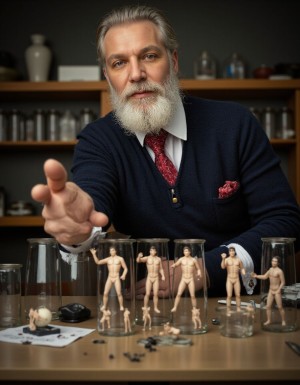 Macrofilia. Un loco profesor, viejo, con barba, con cara de perverso nos muestra su colección de frascos con formol, dentro de los frascos hay hombres  en miniatura, desnudos, los hombres de los frascos gritan. 