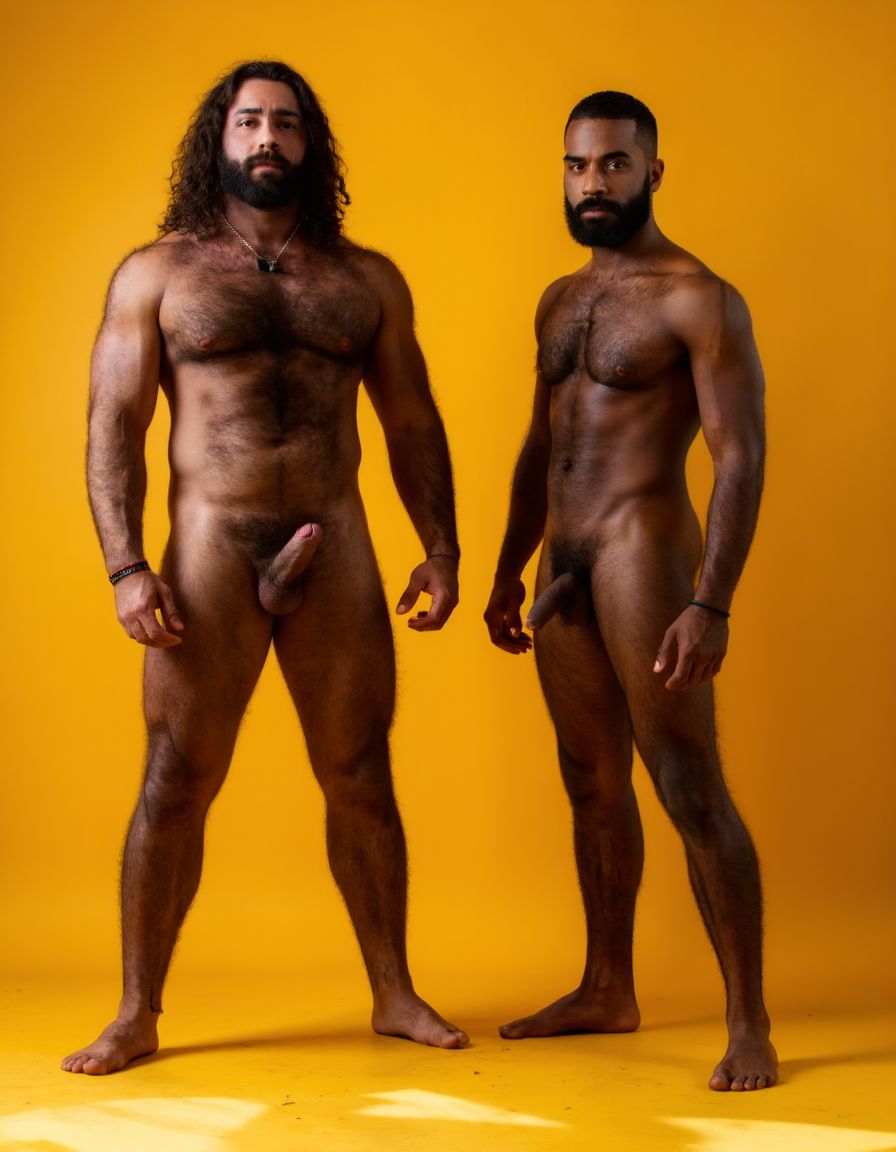 Dos guerreros musculosos delgados y altos, cuerpo completamente desnudo y velludo, mostrando polla venosa de 30 cm de longitud y 5 cm de grosor. Tienen la piel bronceada por el Sol, con pelo muy largo y barba. Tiene pies fuertes. Están contentos. Tienen músculos marcados definidos y sin nada de grasa. Tienen aspecto muy viril. Tienen cuerpo muy delgado pero con los músculos marcados y muy definidos. Están tensos haciendo fuerza para mostrar sus músculos marcados. Fondo amarillo oscuro con los reflejos de las sombras de los cuerpos.