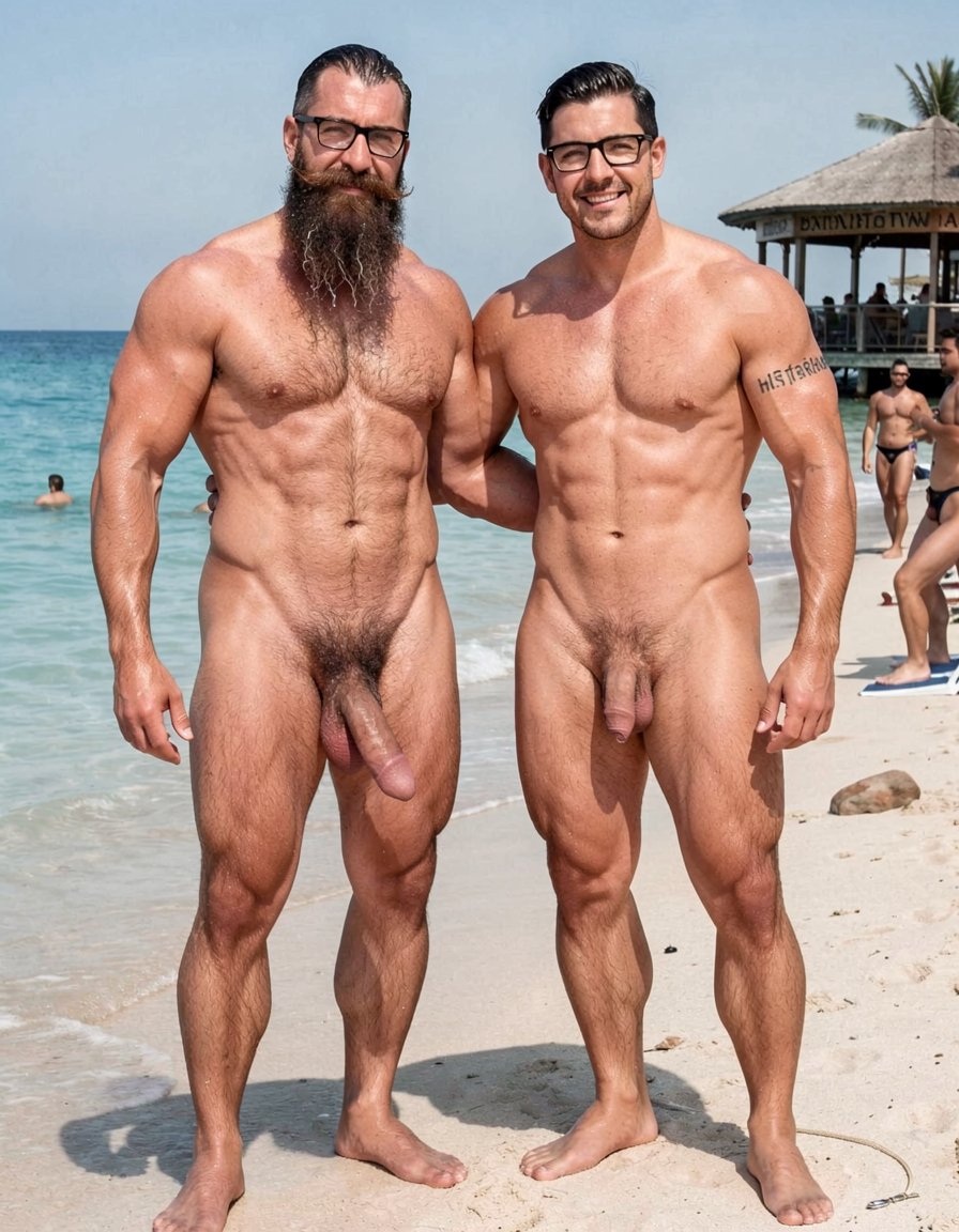 Photorealistic ultra-detailed cinematic midday shot at El Playazo nudist beach in Vera Playa, Almería. Hipsterbarba and Ferran standing side by side on the hot sand right at the water's edge, both completely naked, shoulder to shoulder, under harsh bright Mediterranean sun. Hipsterbarba is 40 years old, 180cm, 80kg, 8% body fat, zero belly, extremely dry shredded six-pack with visible linea alba, dense black chest hair, thick trail of dark hair from navel to heavy bush, powerful vascular arms and shoulders, strong hairy quads with defined vastus, hamstrings and adductors, high fade undercut haircut, extremely long thick well-groomed Bandholz beard reaching almost to his navel, big mustache with long curled spiral tips, black hipster glasses, small black tattoo “hipsterbarba” on right bicep. His thick heavy veiny cock hangs semi-hard between his legs, fat glans partially visible under foreskin, heavy low-hanging hairy balls, still dripping thick precum from the previous rubbing. His long beard is wet and sticky with precum.

Ferran stands right next to him, 28 years old, same extreme competition shape, 5% body fat, massive rounded pecs, carved eight-pack, narrow waist, huge veiny arms, short dark stubble, polished high fade, small “hipster barba” tattoo on bicep. His long thick cock is still fully hard, shiny with precum and saliva, heavy balls tight. His hip is touching Hipsterbarba’s, their cocks almost brushing against each other.

Both men stand confident and dominant, sweat glistening on every muscle and black body hair, harsh sunlight creating strong highlights and deep shadows on abs, veins, wet beards and genital details. Turquoise sea gently touching their feet, chiringuito El Pirata visible in the background with other naked muscular men watching them from a distance, some stroking their hard cocks. Hyperrealistic skin texture, individual beard and body hairs, realistic sand and water, sharp focus, raw explicit male scene, cinematic midday lighting.