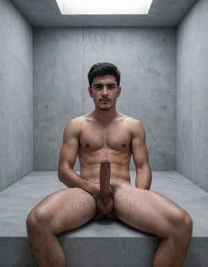 Un hombre desnudo está sentado de frente sobre una plataforma de hormigón en una estancia minimalista de paredes grises, con las piernas abiertas y los brazos apoyados relajadamente junto al cuerpo. Su torso musculado, el vello del pecho y del pubis, los muslos y el pene erecto quedan claramente visibles, mientras mantiene una expresión seria y directa hacia la cámara. La iluminación cenital entra por una abertura rectangular en el techo, creando un ambiente frío, austero e industrial, con sombras suaves sobre la piel y el suelo de cemento. La composición simétrica, el espacio cerrado y la desnudez frontal dan a la escena un carácter íntimo, sobrio y explícito.