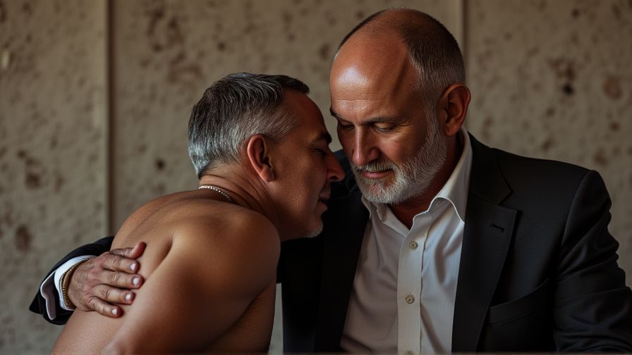 Jefe trajeado domina a empleado desnudo maduro