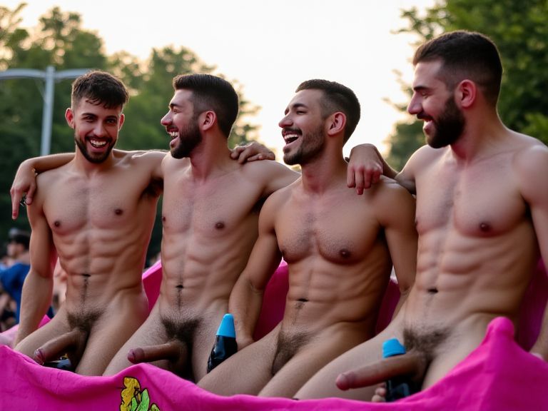 Varios hombres muy musculosos de distintas edades y aspecto físico subidos en una carroza en el orgullo de Madrid, llevan poca ropa, uno se atreve a enseñar el sexo, ríen y charlan bajo el intenso calor del verano madrileños con abanicos y botellas de agua. Luz de atardecer. Escena festiva. Hay mucho colorido y ambiente de fiesta. Se aprecia la carroza decorada en color rosa en el pie de la imagen. 
