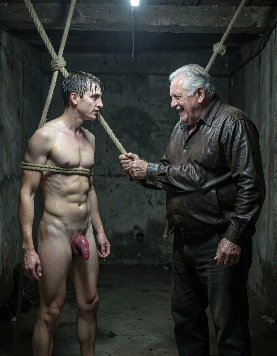 Un joven de 20 años, extremadamente delgado, está atado con cuerdas gruesas en forma de X, suspendido del techo de un oscuro y húmedo sótano, completamente desnudo. Su cuerpo, sin un solo pelo, brilla con gotas de sudor que resbalan por su piel tersa. Los pezones del joven están enrojecidos y sus nalgas, firmes y redondas, están expuestas de manera vulnerable. 

En contraste, un hombre maduro de 60 años, con un cuerpo grande y fuertes brazos, se acerca al joven. Su gran pene, duro y goteando, es evidente bajo la tenue luz del sótano. Una sonrisa cruel se esboza en su rostro al ver al joven indefenso y atado, listo para recibir su castigo. La escena es de una intensidad sexual y de poder, con el joven completamente a merced del hombre maduro. La atmósfera es pesada y llena de anticipación, con el joven sudoroso y tembloroso, y el hombre maduro listo para comenzar su juego de poder y dominación.