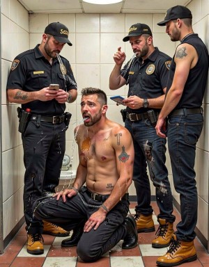 Un hombre arrodillado y empapado ocupa el centro de un baño estrecho de azulejos blancos, con el torso desnudo, pantalones negros mojados y la boca abierta mientras el agua le cae por la cabeza y el pecho; lleva varios tatuajes visibles, entre ellos diseños en el brazo, el pecho y el abdomen, y parece estar en una situación de sometimiento o interrogatorio. A su alrededor hay tres guardias uniformados con camisa negra, gorra, cinturón de servicio y botas de trabajo amarillas: uno mira el móvil, otro sostiene una libreta y se lleva un objeto a la boca, y el tercero permanece de pie observando de perfil con los brazos detrás. El escenario cerrado, con suelo de baldosas rojizas, inodoro al fondo y luz fluorescente, crea una atmósfera tensa, húmeda y claustrofóbica de custodia, vigilancia y autoridad.