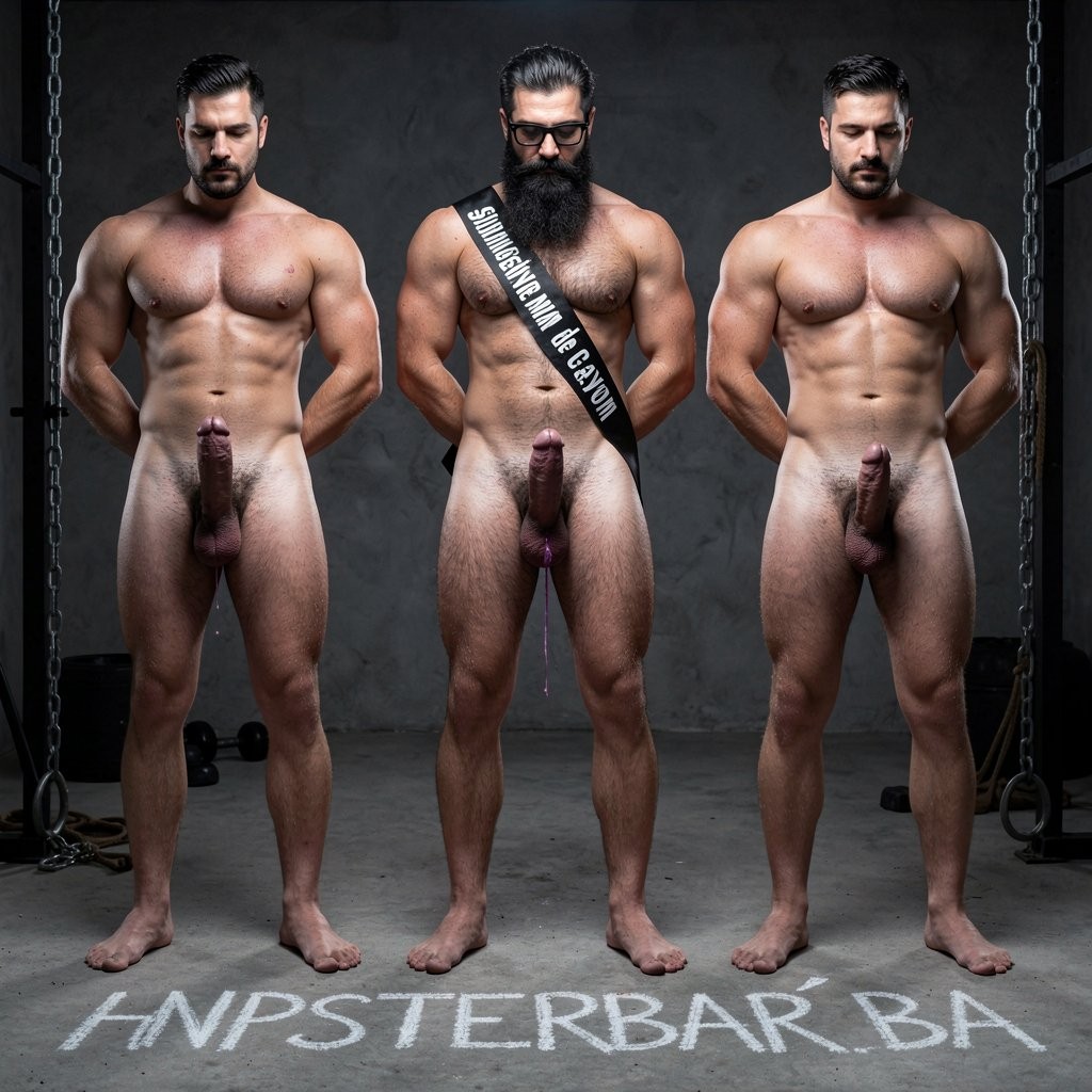 Hyperrealistic cinematic photograph inside a dark brutal dungeon gym with rough concrete floor, hanging metal chains, wooden stocks and BDSM equipment visible in the deep shadows. Dramatic side lighting with hard contrasts, strong highlights on sweaty muscles and deep black shadows, extreme detail and raw intensity.

Hipsterbarba stands tall and dominant exactly in the center of the frame, completely naked, 40 years old, 180cm 80kg 8% body fat, powerful muscle-bear physique covered in dense dark wet body hair across his thick chest, shoulders, defined abs and heavy thighs. Very long thick Bandholz beard reaching almost to his chest, curled handlebar mustache, black glasses, arms crossed, cold superior expression looking straight at the camera with absolute control.

To his right (left side of the image) stands Anil, 25 years old, extreme bodybuilder slave, completely naked, 175cm 80kg 6% body fat, massive 127cm pumped chest, perfect eight-pack, extremely wide V-taper back with fresh red whip marks, round high 90cm glutes, 70cm competition quads, completely smooth tanned skin from the neck down. Thick cock strangled at the base by a shiny metal cock ring, purple and swollen, long strings of precum dripping onto the floor. Head slightly lowered in total submission, hands behind his back, gaze down.

To his left (right side of the image) stands Víctor, 25 years old, extreme bodybuilder, completely naked, 175cm 80kg 6% body fat, massive 127cm pumped chest, perfect eight-pack, wide V-taper, round high glutes and 70cm competition quads, completely smooth tanned skin. A thick black textile victory sash is tightly crossed over his torso from right shoulder to left hip, with large, perfectly legible white capital letters in Spanish reading exactly “Esclavo de Gayon” across his chest and abs. His thick cock is fully erect and throbbing, heavy balls hanging low, standing at strict attention with respectful forward gaze.

On the concrete floor directly in front of each man, written in thick white chalk letters, perfectly visible and legible: “HIPSTERBARBA” under the center figure, “ANIL” under the man on the left side of the image, and “VÍCTOR” under the man on the right side of the image.

All three men standing upright in a straight line, full body view from head to toe. Raw atmosphere of domination, ownership and humiliation. Perfect anatomy, proportions, realistic skin texture, sweat, muscle striations and sharp text details. No distortions.