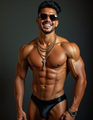 Un hombre musculoso y atractivo, con un físico escultural y bronceado, viste un tanga de lujo de seda negra que deja poco a la imaginación, realzando su impresionante anatomía. Alrededor de su cuello, luce cadenas de oro macizo que brillan con destellos de luz, complementadas por anillos de diamantes en sus dedos, lo que le confiere un aire de opulencia y sofisticación. Su piel, suavemente bronceada, está embadurnada de aceite, lo que realza cada músculo y curva de su cuerpo, haciéndolo parecer una escultura viviente de mármol pulido.

Sus ojos, escondidos detrás de gafas de sol de diseñador de marcos gruesos y lentes oscuras, añaden un toque de misterio a su presencia, mientras que su sonrisa, amplia y radiante, muestra una hilera de dientes blancos y perfectos, como si hubieran sido esculpidos por un artista maestro. La sonrisa parece iluminar todo su rostro, resaltando sus pómulos altos y su mandíbula firme, y transmitiendo una sensación de confianza y seguridad en sí mismo.

Con cada movimiento, las cadenas de oro y los anillos de diamantes capturan la luz, proyectando pequeños destellos que bailan alrededor de su figura, como si estuviera rodeado de un halo de lujo y glamour. Su postura, erguida y segura, deja claro que es consciente de su atractivo y no tiene miedo de mostrarlo, exudando una aura de sensualidad y provocación que es difícil de ignorar. En este hombre, la elegancia y la sensualidad se fusionan en una imagen que es a la vez sofisticada y profundamente erótica.
