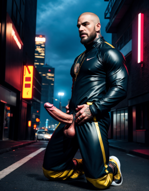 Hombre de 25 años, cuerpo atlético, rasgos duros y actitud desafiante, chandal deportivo ajustado, pene grande y largo, rapado, barba de dos días, zapatos Nike llamativos, tatuajes visibles en los antebrazos y el cuello, cadena gruesa de oro, calle de ciudad de fondo, de pie con postura dominante, expresión chulesca. Un hombre mayor de traje ejecutivo y zapatos, arrodillado a sus pies, pene erecto, testículos grandes, mirada de sumisión, frente tocando el pene del joven. Diferencia clara de estatus y poder, iluminación urbana nocturna, contraste fuerte de vestimenta y actitud, detalle en los rostros y gestos, composición vertical impactante.