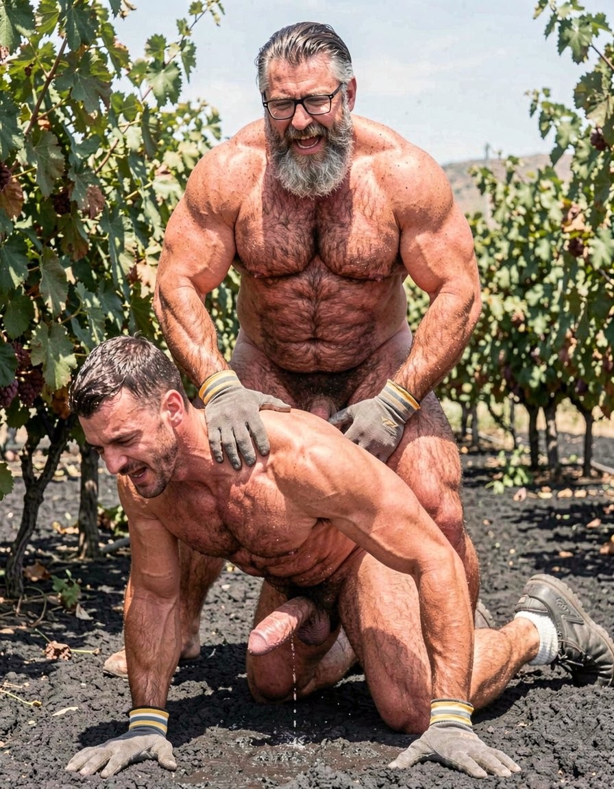 Two naked, muscular men pose among rows of vineyards under the sunlight, on dark soil and ash-covered ground. The man behind, with a long beard, gray hair tied back, and glasses, is standing and leaning forward, resting his gloved hands on the other man’s back and shoulder, his hairy, sweaty body sharply defined. The man in front remains on all fours, also wearing work gloves and sports socks, showing an expression of effort while looking to one side. The scene has an explicit and physical tone, with the penis visible between their bodies, combining male nudity, bodybuilding, agricultural work, and a rural vineyard setting.