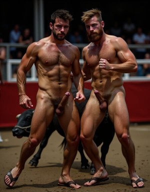 Un torero español musculoso y velludo de 50 años, con torso atlético y marcado, se muestra completamente desnudo, destacando su pene de 30 cm de longitud y 5 cm de grosor, perfectamente formado y rodeado de un denso vello púbico castaño oscuro. Sus testículos, perfectamente formados, cuelgan de forma prominente. La piel bronceada y sudorosa resalta su musculatura definida, con pectorales y abdominales bien marcados y sin grasa. El cabello largo y castaño oscuro está despeinado y sudoroso, con gotas de sudor resbalando por su frente y mejillas. Una barba incipiente y un vello corporal denso que se extiende por su pecho, piernas y brazos completan su apariencia viril. Lleva sandalias marrones en sus pies.

A su lado, un hombre musculoso y velludo de 30 años, completamente desnudo, muestra un pene erecto de 30 cm de longitud y 4 cm de grosor, hermoso y perfecto, rodeado de un denso vello púbico pelirrojo. Su piel bronceada y sudorosa muestra una musculatura definida, con pectorales y abdominales muy marcados. Tiene cabello pelirrojo despeinado y sudoroso. Tiene una barba pelirroja densa pero bien recortada. El vello corporal pelirrojo denso cubre su pecho, y tiene mucho vello pelirrojo en sus piernas y brazos, lo que realza su apariencia masculina y atlética. Están corriendo en la plaza de toros con un toro

Ambos hombres se encuentran en una plaza de toros, con sombras que resaltan su musculatura y vello corporal, creando un ambiente sensual y cargado de tensión. Están en pleno acto de pasión, con sus penes erectos y testículos prominentes ,destacando su musculatura, vello corporal y atributos viriles en una imagen impactante y llena de energía. La escena está llena de sensualidad y poder, con los dos hombres como protagonistas, en un ambiente cargado de pasión y erotismo. La imagen es híper realista, con detalles de alta calidad, y muestra la unión de los dos hombres en un acto de pasión y dominio, con sus cuerpos musculosos y velludos completamente desnudos y visibles, mostrando su excitación y pasión en cada detalle. Tienen sus penes erectos, desde la uretra del glande del pene eyaculan semen blanco lanzado en abundancia.