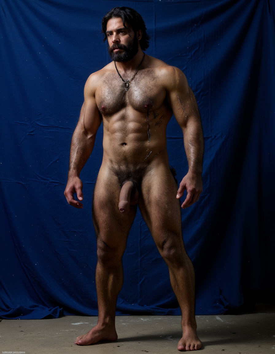 Enomao. Hombre de 35 años, cuerpo completo de pies a cabeza, pose frontal de pie, cuerpo delgado, rostro rudo con mandíbula cuadrada y ceño fruncido, barba abundante negra descuidada de varios días, nariz ancha, cicatriz pequeña en la ceja izquierda, mirada intimidante, pelo negro largo y despeinado, cuello grueso con tendones marcados, hombros anchos y trapecios abultados, pectorales enormes y duros con sombras profundas bajo cada músculo, pezones oscuros rodeados de vello negro denso, vello negro abundante cubriendo todo el pecho extendiéndose hacia el abdomen, abdominales definidos con seis bloques marcados y venas visibles, línea de vello negro desde el ombligo bajando, oblicuos duros con sombras que acentúan cada fibra muscular, brazos con bíceps y tríceps marcados y muy definidos, venas prominentes en los antebrazos, vello negro espeso en antebrazos y dorso de las manos, manos con nudillos anchos y dedos fuertes, piel con suciedad natural como grasa de trabajo y tierra en pecho brazos y piernas, manchas de mugre en los antebrazos y marcas de sudor seco, muslos marcados con cuádriceps separados y definidos cubiertos de vello negro abundante, pantorrillas duras en tensión con vello oscuro, pies descalzos plantados en suelo de hormigón, iluminación lateral dura que proyecta sombras profundas en cada grupo muscular resaltando la masa y la fuerza bruta, ambiente de atmósfera cruda y masculina, fotografía hiperrealista, textura de piel visible con poros y imperfecciones. Tiene un pene erecto masculino de 38,5 cm de longitud y 8,5 cm de diámetro, proporciones perfectas, glande grueso y pronunciado con corona marcada, color rosado oscuro en la cabeza contrastando con el tono bronceado del tronco, venas gruesas y ramificadas recorriendo toda la extensión del falo desde la base hasta el glande, piel tensa y brillante por la erección máxima, prepucio retraído mostrando el frenillo, testículos grandes y pesados colgando en escroto arrugado, cubiertos de vello púbico oscuro y denso, pelo rizado extendiéndose hacia la base del pene, piel escrotal con textura visible y poros definidos, venas visibles en los testículos, posición frontal ligeramente angular, iluminación de estudio con sombras suaves que resaltan cada relieve y textura, fotografía hiperrealista, ultra alta definición 4K, texturas extremadamente detalladas, colores naturales de piel humana, acabado cinematográfico.

El fondo de la imagen es un azul ultramar intenso y profundo, con ondas de tela que ondean como si fueran arrastradas por el viento, creando un movimiento dinámico con la figura. La textura ondulante, similar a la seda, añade una capa de profundidad y sensibilidad a la escena, contrastando con la crudeza y pasión del acto sexual.

La fotografía realista, con genitales anatómicamente correctos y proporciones naturales, sin distorsión, busca capturar la esencia cruda y visceral del momento, sin adornos ni censuras. El enfoque en el punto del pene visible desde un ángulo lateral, busca resaltar la intensidad y la conexión del hombre y su entorno, inmerso en un acto de pasión y deseo. El contenido explícito para adultos es una representación auténtica y sin tapujos de la intimidad y el deseo humano, sin rodeos ni evasivas.