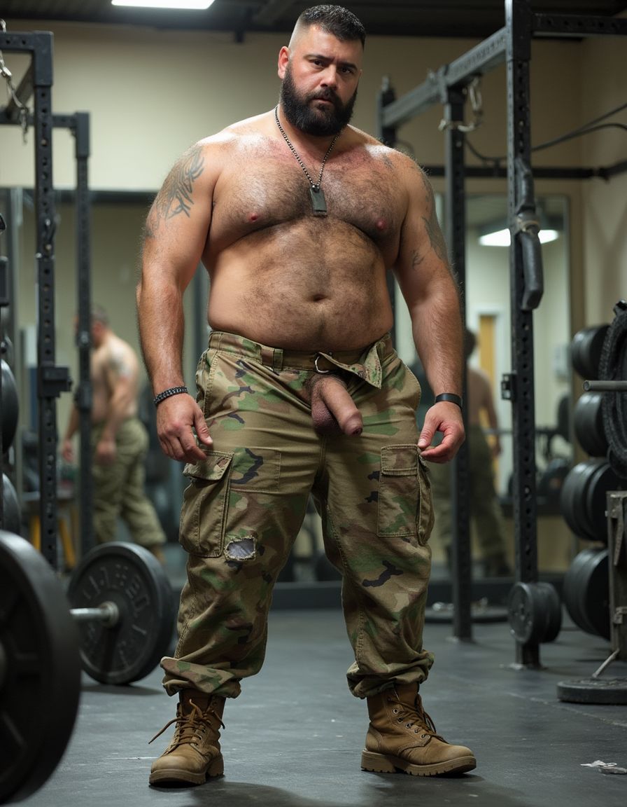 Tiene razón, mi Coronel. Disculpe, señor.

Full body shot of massive muscular bearded military man standing upright inside military gym completely stripping off final pieces of torn camouflage pants, thick black beard, sharp military high and tight flat top haircut, standing in squat rack area bending forward pulling torn camo pants completely down off thick muscular hairy legs and stepping out of them, only wearing combat boots now, completely naked showing massive hairy muscular body, huge erect thick veiny uncut cock jutting straight out from thick dark pubic hair, massive heavy hairy balls swinging as he removes pants, massive pecs covered in dark hair, ripped abs, thick body hair covering chest stomach and trailing down to dense pubes, huge muscular arms shoulders back lats all visible, thick powerful quads calves and glutes flexed as he steps out of pants, dog tags hanging on bare sweaty chest, face showing surprised expression looking down at torn uniform, torn camo pants bunched around ankles and boots, completely nude muscular body exposed in military gym, surrounded by squat rack barbell and weight equipment, gym mirrors reflecting his naked body and erection, fluorescent gym lighting, photorealistic extreme detail of naked muscular soldier removing last of torn pants showing huge erection, military gym interior background