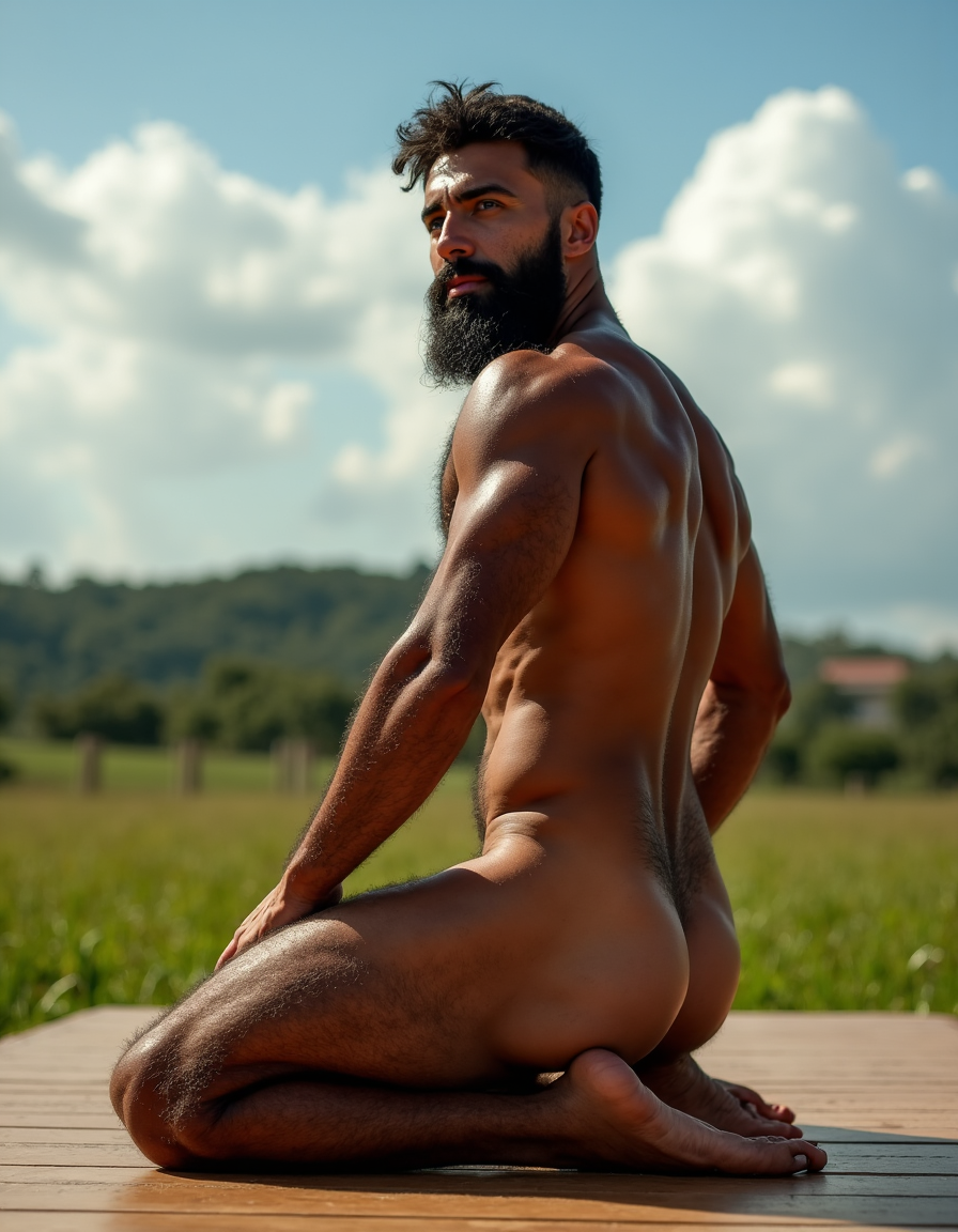 Bruno hombre. Bruno hombre es español de 32 años, cuerpo atlético musculoso pero delgado, abdominales marcados, torso completamente cubierto de vello oscuro denso, pecho peludo, brazos velludos, piernas con vello abundante, barba espesa negra perfectamente recortada, pelo negro ondulado corto despeinado, piel bronceada mediterránea, completamente desnudo, polla grande gruesa erecta con prepucio retractado, testículos grandes colgando, venas visibles en la polla, pubis muy peludo natural, muslos musculosos separados, de rodillas en suelo de madera, espalda arqueada ofreciendo el culo respingón hacia la cámara, mirando por encima del hombro con expresión lasciva y masculina, luz natural cálida de cielo con nubes blancas y suelo de hierba verde con estufas masculinas de fondo desenfocado, sombras marcadas resaltando músculos y curvas del cuerpo, fotografía hiperrealista 8K, estilo retrato íntimo.