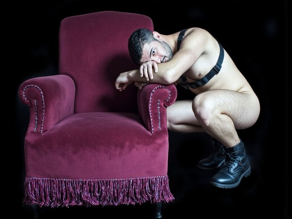 Cuero. 
Modelo joven posando con arnés y botas de cuero apoyado en un sofá antiguo de color burdeos, Tiene sus brazos (humanos) apoyados en el brazo del sofá, la cara sobre las manos, el fondo es oscuro para enfatizar el color de la piel blanca del modelo. 
