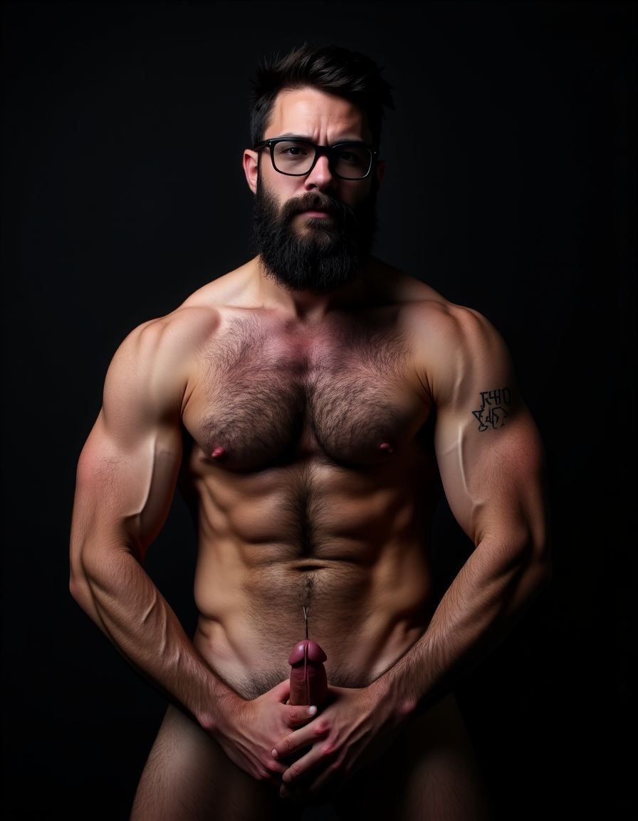 Fotografía hiperrealista de un hombre adulto musculoso a la vista desde las rodillas para arriba hasta la cabeza, rostro masculino idéntico a la imagen de referencia totalmente desnudo con polla erecta de treinta centímetros de longitud y ocho centímetros de diámetro, tiene rasgos marcados duros expresivos, barba densa poblada tupida oscura estilo hipster cubriendo completamente mandíbula mentón mejillas con grosor uniforme textura abundante muy definida, bigote denso tupido oscuro conectado perfectamente con la barba completa cubriendo completamente el labio superior, pelo oscuro medio peinado completamente recto hacia arriba con volumen considerable estilo hipster moderno quiff puntas verticales texturizadas hacia el cielo con altura prominente, cejas gruesas oscuras pobladas muy marcadas definidas, gafas de montura completa negra cuadradas grandes estilo hipster moderno sobre el puente de la nariz enmarcando unos ojos oscuros intensos que miran directamente a cámara con expresión seria penetrante confiada, expresión facial seria masculina sin sonrisa con mirada directa desafiante, pómulos marcados definidos angulares, nariz recta proporcionada, labios medios apenas visibles completamente cubiertos por bigote denso que conecta con la barba hipster completa, torso desnudo muy musculoso con pectorales enormes desarrollados y definidos y velludos peludos, hombros anchos musculosos deltoide prominentes, brazos musculosos gruesos con bíceps y tríceps marcados visibles a ambos lados del cuerpo, abdomen tonificado marcado visible desde la cintura, piel con textura realista detallada poros imperfecciones sutiles, vello corporal denso oscuro abundante cubriendo pectorales abdomen brazos hombros con textura natural masculina muy visible, tatuaje en tinta negra en el bíceps del brazo derecho con la palabra exacta ((
