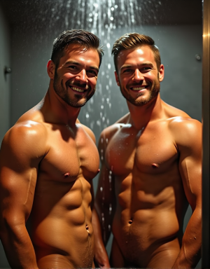 Hombres muy atractivos y musculosos en la ducha del gimnasio, agua cayendo sobre sus cuerpos tonificados, gotas de agua resbalando sobre su piel bronceada, músculos definidos, torsos desnudos, cabello mojado y peinado hacia atrás, sonrisas confiadas y expresiones sensuales, luz cálida y vaporosa del gimnasio, ambiente relajado y sensual, foco en la desnudez y la sensualidad, detalles realistas de la piel y el agua, iluminación suave y cálida, hombres disfrutando del momento, cuerpos atléticos y atractivos, escena íntima y provocativa.