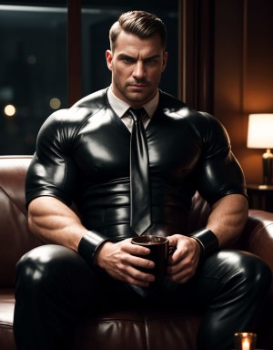 Hombre musculoso con traje de cuero negro de BDSM, corbata de cuero al cuello, sentado en un sofá de cuero, tomando un café negro en una taza de cerámica, con grilletes de metal en muñecas y tobillos, mirada intensa y dominante, ambiente oscuro y sensual.