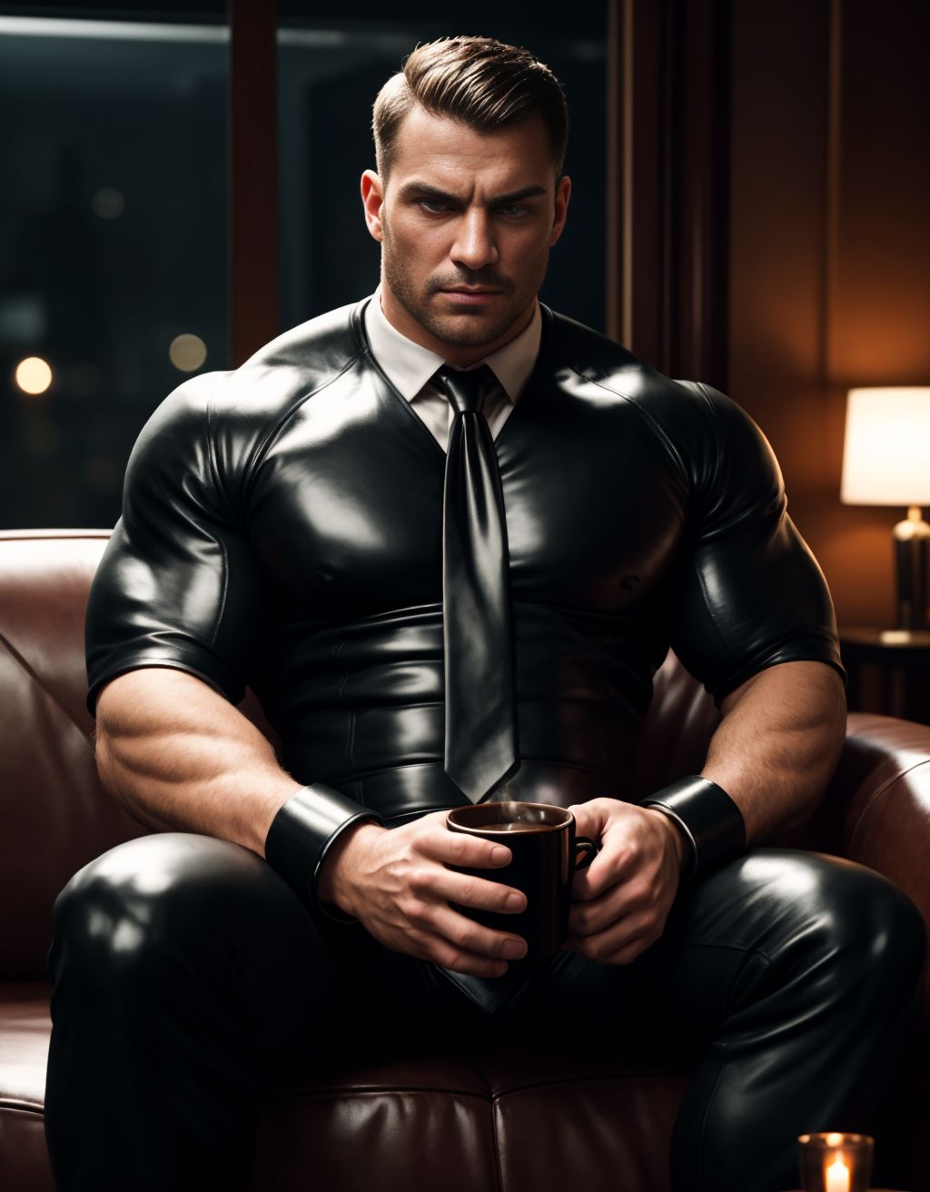 Hombre musculoso con traje de cuero negro de BDSM, corbata de cuero al cuello, sentado en un sofá de cuero, tomando un café negro en una taza de cerámica, con grilletes de metal en muñecas y tobillos, mirada intensa y dominante, ambiente oscuro y sensual.