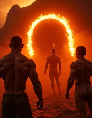 Un grupo de hombres desnudos se encuentran de pie frente a las puertas del infierno, sus cuerpos tonificados y musculosos expuestos, Llevan grabada la palabra 