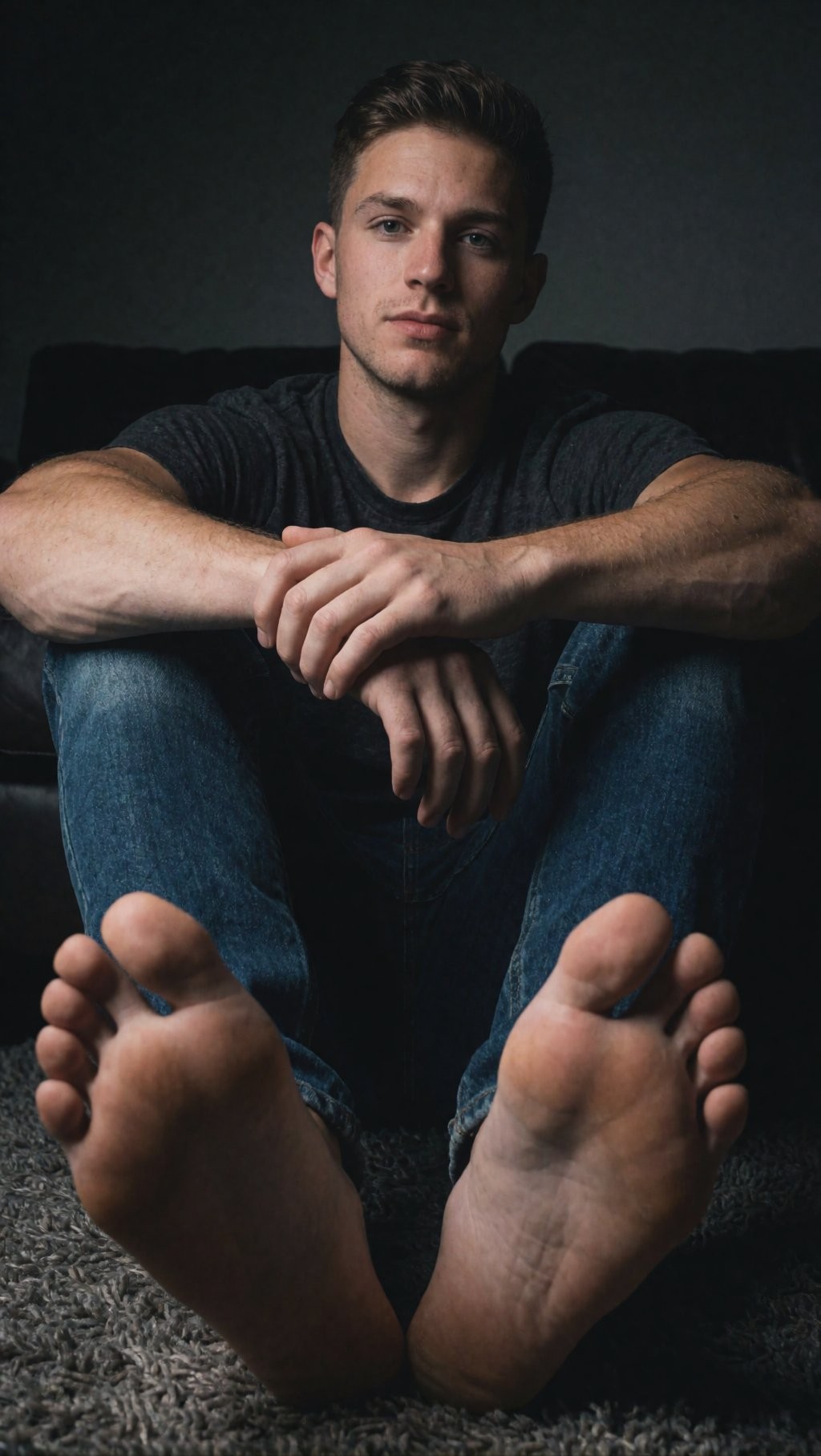 Un hombre joven sentado en el suelo frente a un sofá oscuro mira directamente a la cámara con expresión serena y algo seria, apoyando los brazos sobre las rodillas flexionadas. Lleva camiseta gris oscura y vaqueros azules, mientras sus pies descalzos ocupan el primer plano con las plantas muy próximas al objetivo, creando una perspectiva marcada y un efecto de profundidad. La escena tiene iluminación tenue y ambiente íntimo, con fondo oscuro, alfombra mullida y una composición vertical centrada que destaca el rostro, las manos entrelazadas, las piernas recogidas y los pies en primer plano.