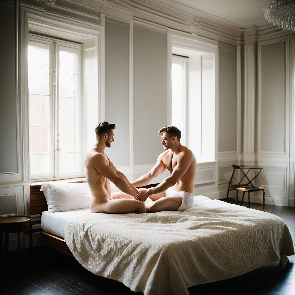 Dos hombres semidesnudos, sentados frente a frente sobre una cama grande con sábanas y colcha blancas, se toman de las manos en una escena íntima y serena. Ambos llevan ropa interior blanca y tienen el torso desnudo, con una postura relajada y cercana que sugiere complicidad, afecto y conexión emocional. La habitación es amplia y elegante, con paredes claras decoradas con molduras clásicas, grandes ventanales que dejan entrar luz natural suave, suelo oscuro y mobiliario minimalista, incluido un pequeño asiento junto a la pared. La atmósfera resulta luminosa, tranquila y refinada, con un ambiente de dormitorio sofisticado, pareja masculina, intimidad y ternura.