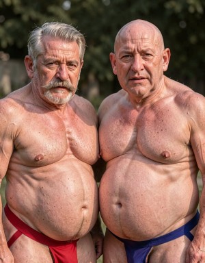 Dos hombres mayores y corpulentos posan de pie al aire libre, muy juntos y mirando directamente a la cámara con expresión seria, en un entorno natural desenfocado con árboles al fondo. Ambos están sin camiseta, con el torso desnudo, vientres prominentes, piel bronceada y marcas de edad visibles; el de la izquierda tiene pelo gris peinado hacia atrás, bigote poblado y barba corta, y lleva un tanga rojo estrecho, mientras que el de la derecha es calvo, de rostro arrugado y lleva un tanga azul oscuro. La escena transmite una estética de retrato frontal, física masculina madura, bañador mínimo, cuerpos robustos y pose directa bajo luz natural.