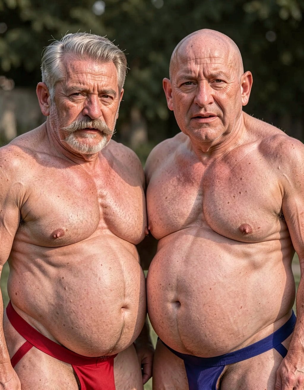 Two older, corpulent men pose standing outdoors, very close together and looking directly at the camera with serious expressions, in a blurred natural setting with trees in the background. Both are shirtless, with bare torsos, prominent bellies, tanned skin, and visible age marks; the one on the left has gray hair combed back, a thick mustache and short beard, and wears a narrow red thong, while the one on the right is bald, with a wrinkled face, and wears a dark blue thong. The scene conveys a frontal portrait aesthetic, mature male physique, minimal swimwear, robust bodies, and a direct pose under natural light.