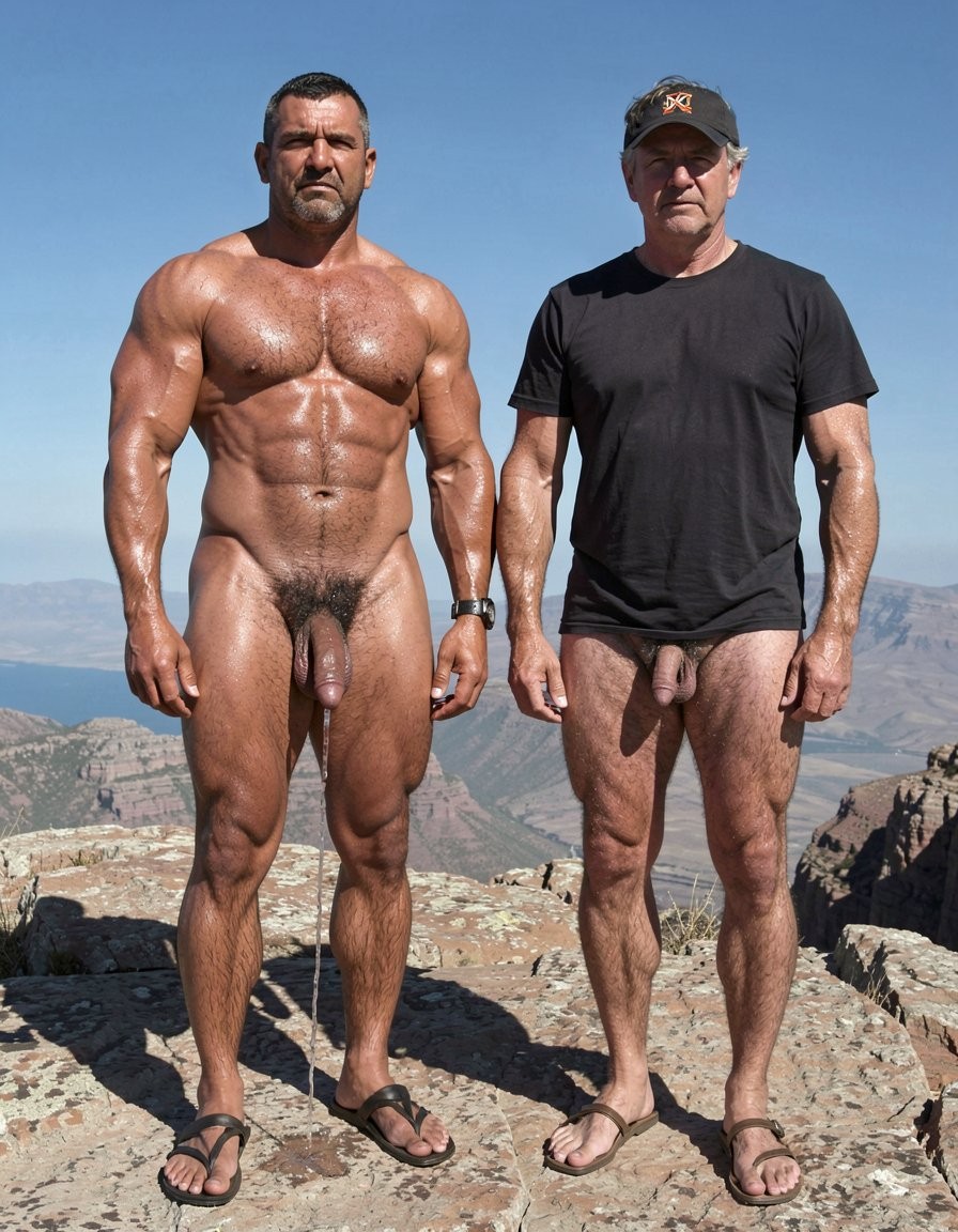A hyper-masculine ancient Zapotec warrior named Cocijo, 26 years old, standing tall and tense under the harsh midday sun on the rocky summit of Cerro La Cantera in San Pablo Huitzo, Oaxaca, 600 AD. Completely naked except for simple leather strip sandals. Square jaw clenched, thick veiny neck, bronze skin completely covered in a shiny layer of sweat. Extremely powerful and worked physique: massive square pectorals flexed hard, dark wet chest hair plastered to the muscle, thick erect nipples, deeply carved eight-pack abs glistening, thick black treasure trail running down to a dense dark pubic bush. Enormous veiny arms flexed to the limit, biceps and triceps bulging like carved stone, thick hairy thighs and calves tensed into pure muscle. His massive 35cm cock is rock-hard, pointing straight up against his abs, thick veins pulsing visibly, the swollen head continuously leaking thick white precum that runs down the shaft and drips heavily from his tight balls. A thick black leather cock ring is locked brutally tight at the very base, behind his heavy balls, making the entire package look painfully swollen, darker and throbbing non-stop. He stands perfectly at attention beside Gayon Von Neumann, every muscle in his body flexed and displayed, looking straight ahead with total obedience and submission. Raw, dominant, extremely virile ancient masculine atmosphere, dramatic sunlight casting strong shadows on every ridge of muscle, hyper-realistic and extremely detailed.