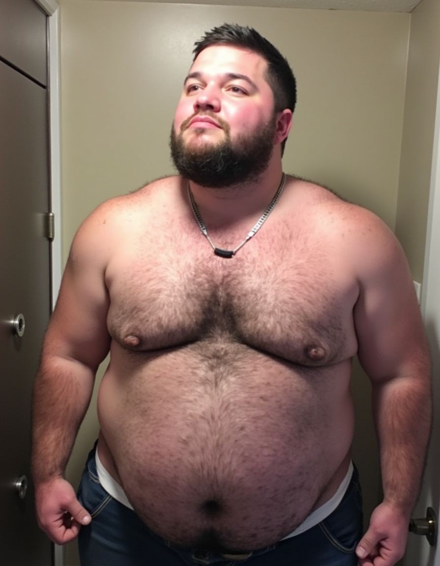 Burly shirtless man posing standing in a narrow indoor space, with beige walls and a door visible to one side, lit by intense frontal light that highlights his bare torso. He has short dark hair, a full beard, a serious expression, and his gaze slightly raised, as well as wearing a metal necklace with a small black pendant. His chest, abdomen, and arms show abundant body hair, with a robust build, broad shoulders, and a prominent belly. He wears low-rise jeans with the waistband of white underwear showing, while keeping his arms relaxed at his sides and his hands near his pockets, in a frontal casual portrait-style pose.