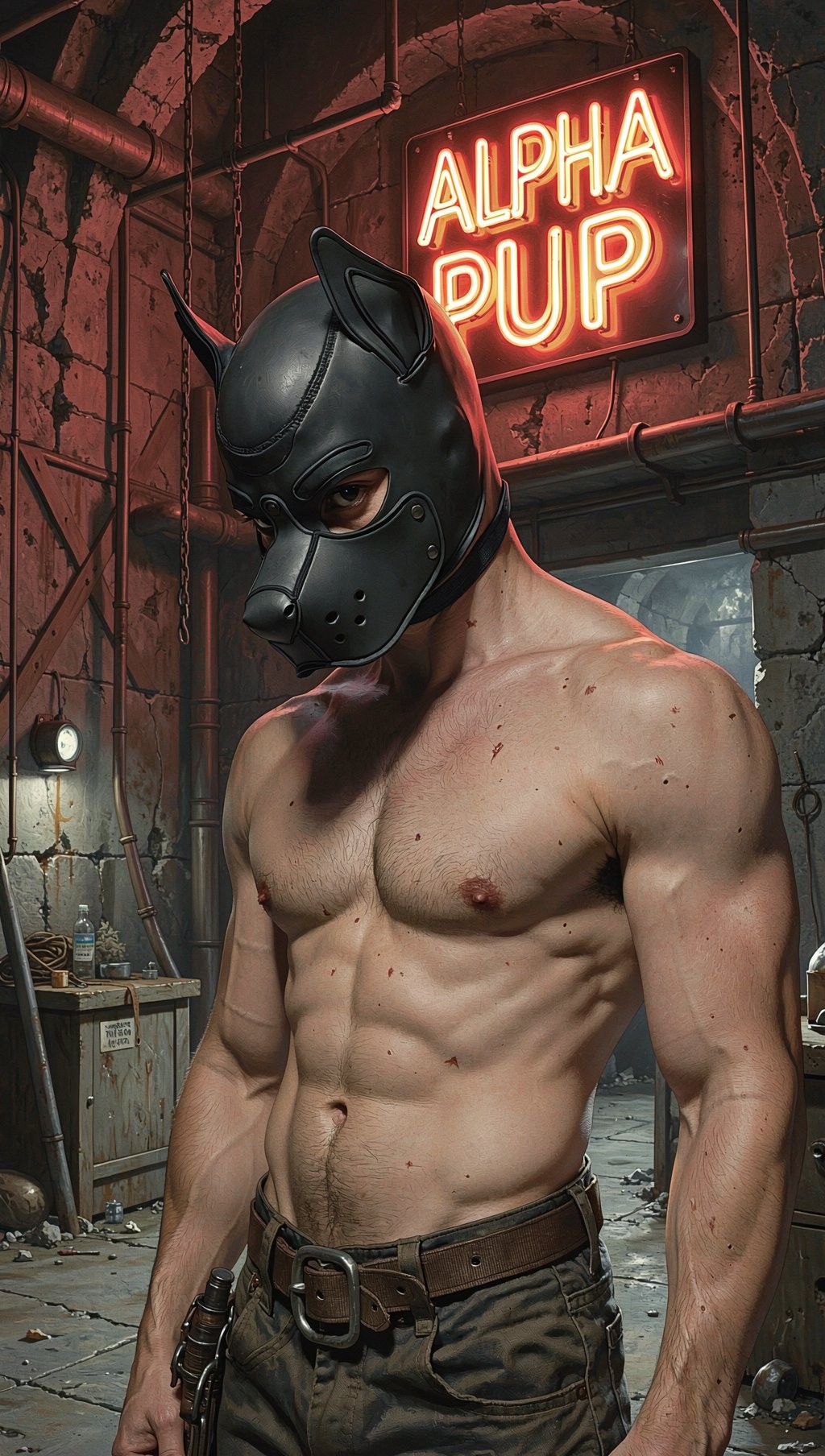 A muscular man stands in a deteriorated industrial setting, shirtless, wearing dark pants and a leather belt with a metal buckle. He wears a black leather puppy-style mask or pup hood, with pointed ears, a rigid muzzle, and eye openings, creating an intense and dominant BDSM fetish aesthetic. The reddish lighting from the neon sign “ALPHA PUP” highlights his skin marked with small spots and scratches, while the background shows cracked walls, pipes, cables, dirty tiles, and abandoned objects, reinforcing an underground, raw, urban atmosphere.