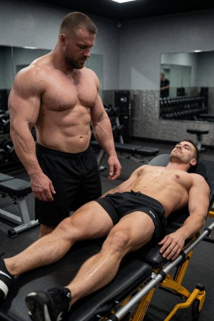 Dos hombres musculosos y sin camiseta entrenan en un gimnasio moderno con luz tenue y paredes grises; uno permanece de pie junto a un banco inclinado, con pantalón corto negro, torso definido, brazos muy marcados y expresión concentrada mientras mira hacia abajo. El otro está tumbado boca arriba sobre una máquina o camilla de entrenamiento amarilla y negra, también con pantalón corto negro, piernas extendidas y el abdomen visible, en una postura de descanso o preparación para un ejercicio. Al fondo aparecen mancuernas, bancos de pesas, espejos y equipamiento de musculación, reforzando un ambiente de fitness, fuerza, culturismo y entrenamiento personal.