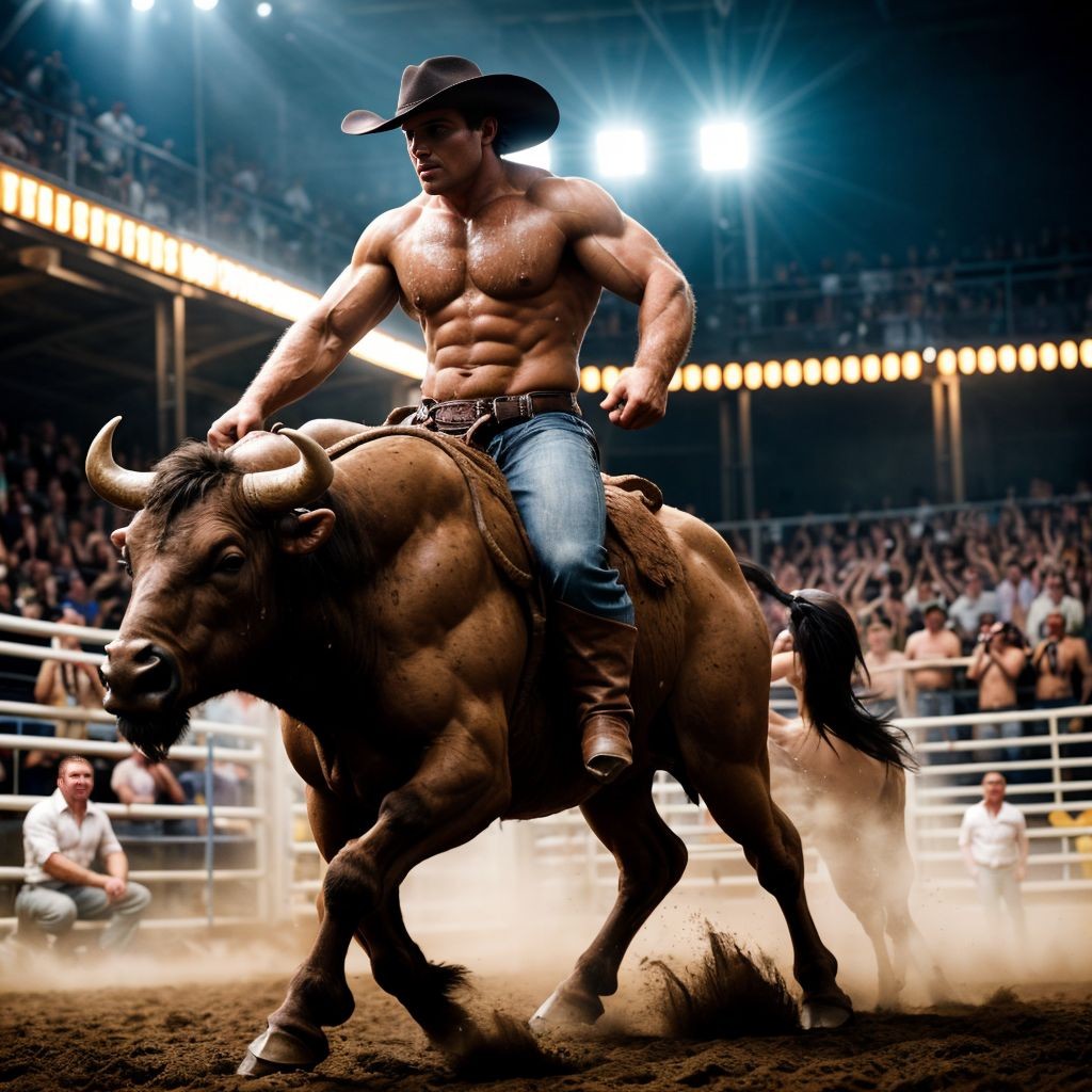 Hombre (((desnudo))) musculoso, montando un búfalo en un rodeo, cuerpo sudoroso, genitales visibles, rodeado de polvo y multitud, luces intensas, movimiento dinámico, texturas realistas, ambiente emocionado y salvaje.