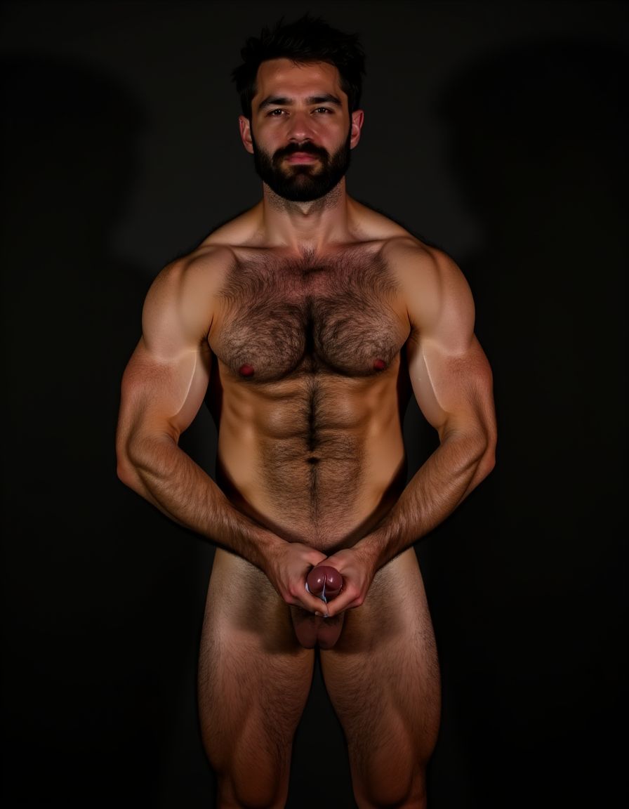 Arturo. Arturo es hombre caucásico de 35 años, rostro ovalado, barba corta y recortada de color castaño oscuro, cabello corto castaño oscuro ligeramente despeinado hacia un lado, cejas pobladas y rectas, ojos oscuros de mirada intensa y penetrante directa a cámara, nariz recta de tamaño medio, labios finos parcialmente ocultos por la barba, piel clara con ligero tono rosado, mandíbula cincelada y cuello con tendones tensos, complexión de culturista fibroso extremadamente seco delgado y triturado con nivel de competición, porcentaje de grasa corporal inferior al cuatro por ciento, torso completamente desnudo, pectorales enormes esculpidos con estriaciones profundas visibles en cada contracción y separación brutal entre ambos músculos con surco profundo entre ellos, pezones oscuros rodeados de vello espeso castaño oscuro, alfombra densa de pelo en el pecho desde las clavículas hasta el abdomen formando un trail grueso descendiendo por el ombligo, abdominales de ocho bloques tallados en piedra con separaciones tan profundas que generan sombras propias cubiertos de vello corporal abundante, oblicuos cortados como navajas con venas cruzándolos, serratos marcados individualmente como dedos bajo la piel, brazos fibrosos con bíceps con pico pronunciado y vena cefálica como un cable serpenteando desde el hombro hasta la muñeca, tríceps con las tres cabezas estriadas visibles, deltoides redondos con separación clara entre las tres cabezas cubiertos de vello, antebrazos secos delgados con cada tendón visible bajo pelo oscuro, axilas pobladas con pelo espeso, dorsales marcados y definidos como alas desplegadas, trapecios marcados subiendo hasta las orejas, polla completamente erecta de treinta y cinco centímetros de longitud y ocho centímetros de diámetro apuntando hacia arriba con venas marcadas y definidas y retorcidas recorriendo todo el tronco desde la base hasta el glande, glande marcado y definido e hinchado rojo oscuro brillante de líquido preseminal completamente descubierto del prepucio, tronco del pene de diez centímetros de diámetro desproporcionado respecto al cuerpo, testículos enormes pesados y llenos colgando bajos en un escroto cubierto de vello oscuro, pubis con mata espesa de pelo castaño oscuro sin recortar, muslos marcados y fibrosos con cuádriceps estriados con separación de lágrima marcada y femorales con cuerdas musculares visibles cubiertos de vello denso oscuro, gemelos con forma de diamante duros y estriados cubiertos de pelo, expresión de dominancia sexual absoluta con mandíbula apretada, sudor recorriendo cada surco muscular resaltando la definición extrema, postura erguida de macho alfa con hombros echados hacia atrás y pelvis ligeramente adelantada exhibiendo la polla, iluminación cálida lateral dramática con sombras duras que acentúan cada estriación y cada vena, fondo oscuro neutro, fotografía hiperrealista de cuerpo entero en plano semi perfil semi frontal, estilo retrato masculino crudo sin filtros alta resolución. Antes de crear esta imagen repite la lectura de este texto tres veces, antes de crear la imagen.

No distorsiones y NO DEFORMACIONES.