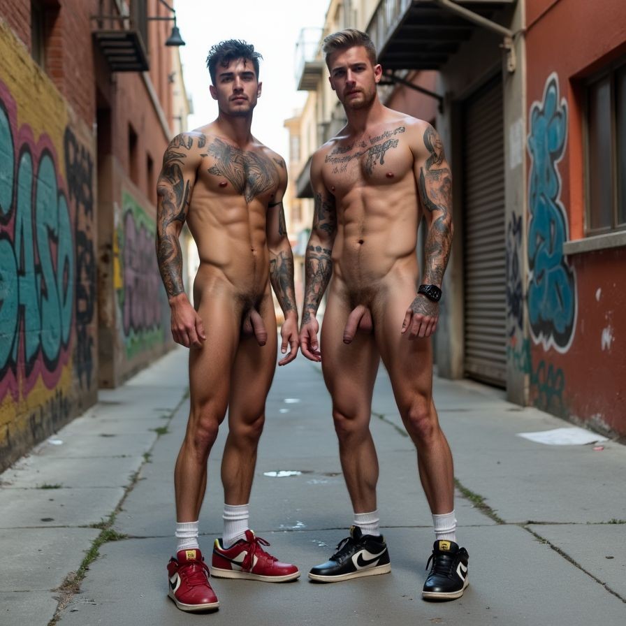 Two naked, muscular men pose standing in an urban alley with graffiti-covered walls, looking directly at the camera with serious expressions. Both have their torso, arms, and chest covered in tattoos, very defined abs, athletic legs, and visible penises, wearing nothing except white socks and sneakers; one wears red sneakers and the other black ones, as well as a dark watch on his wrist. The setting has a cement floor, metal shutters, exposed brick, windows, and street art murals, creating a raw aesthetic of urban photography, alternative fashion, fitness bodies, and outdoor male nudity.