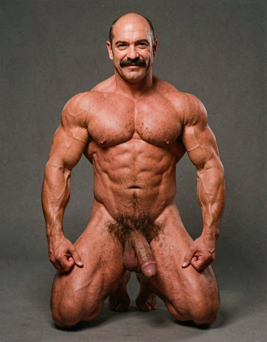 Mike Morris, the 32-year-old Caucasian bodybuilder with an athletic and extremely defined muscular physique, stands at full attention in a strict military pose, feet together, legs straight, back rigidly upright, shoulders back, chest thrust forward, arms at his sides with fists clenched, and head held high looking straight ahead with a serious, almost threatening expression. Full body shot from the tips of his toes to the top of his bald head. He is completely naked. His advanced Norwood III-IV male pattern baldness is clearly visible, with a shiny tanned scalp on top, short dark brown hair only on the sides and back. His square, angular face with strong jaw, prominent cheekbones, thick dark handlebar mustache, heavy brows, and intense deep-set brown eyes under slightly hooded lids stares forward with firm authority. His massive square pectorals are pushed out, dark brown chest hair forming a dense classic T-pattern down the sternum and spreading across his wide six-pack abs. Small dark nipples sit low on the pecs. A trail of dark hair leads to an extremely dense, thick, curly dark brown pubic bush that climbs almost to his navel. His heavy 14 cm flaccid cock hangs thick over large, low-hanging hairy testicles, the skin of the shaft noticeably lighter than his tanned body. Powerful veined forearms, developed traps flowing into delts, defined quads with visible separation, diamond-shaped calves, and hairy feet complete the figure. Warm directional studio lighting from above and slightly to the side creates sharp highlights on his oiled skin, deep shadows that accentuate every muscle fiber, the texture of his dense body hair, and the contrast between his tanned body and lighter genital area. Photorealistic, 1970s Colt Studio aesthetic, high contrast, masculine and commanding presence, grainy film texture.  ... Está de rodillas.. Mike Morris sonríe...