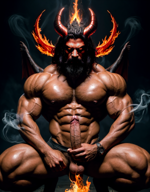 Diablo Satanás desnudo con pene grande y testículos grandes. Dobla el brazo derecho para enseñar los bíceps del brazo derecho con gran orgullo. Tiene mucho vello por todo el cuerpo. Está bronceado. Tiene corona de oro. Tiene alas de diablo negras y rojas oscuro. Los brazos están hacia arriba implorando rayos y fuego. Tiene un chorro de fuego en el pene que sale a chorros rojos hacia arriba de su pene erecto tieso hacia arriba. Sus ojos son grandes y rojos. Está enseñando sus grandes testículos. Tiene testículos grandes y oscuros. Está alumbrado con mucha luz roja por todo el cuerpo. Es muy atractivo. Está rodeado de llamas y humo. Tienen cara de maldad y con barba. Se ven los pies. ¿Dónde están sus pies? quiero ver los pies. Está delgado. Está agachado.