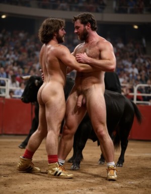 Un torero español musculoso y velludo de 50 años, con torso atlético y marcado, se muestra completamente desnudo, destacando su pene de 30 cm de longitud y 5 cm de grosor, perfectamente formado y rodeado de un denso vello púbico castaño oscuro. Sus testículos, perfectamente formados, cuelgan de forma prominente. La piel bronceada y sudorosa resalta su musculatura definida, con pectorales y abdominales bien marcados y sin grasa. El cabello largo y castaño oscuro está despeinado y sudoroso, con gotas de sudor resbalando por su frente y mejillas. Una barba incipiente y un vello corporal denso que se extiende por su pecho, piernas y brazos completan su apariencia viril. Lleva zapatillas doradas en sus pies.

A su lado, un hombre musculoso y velludo de 30 años, completamente desnudo, muestra un pene de 30 cm de longitud y 7 cm de grosor, hermoso y perfecto, rodeado de un denso vello púbico pelirrojo. Su piel bronceada y sudorosa muestra una musculatura definida, con pectorales y abdominales muy marcados. Tiene cabello pelirrojo despeinado y sudoroso. Tiene una barba pelirroja densa pero bien recortada. El vello corporal pelirrojo denso cubre su pecho, y tiene mucho vello pelirrojo en sus piernas y brazos, lo que realza su apariencia masculina y atlética. Están en la plaza de toros con un toro salvaje. Se aman

Ambos hombres se encuentran en una plaza de toros, con sombras que resaltan su musculatura y vello corporal, creando un ambiente sensual y cargado de tensión. Están en pleno acto de pasión, con sus penes erectos y testículos prominentes ,destacando su musculatura, vello corporal y atributos viriles en una imagen impactante y llena de energía. La escena está llena de sensualidad y poder, con los dos hombres como protagonistas, en un ambiente cargado de pasión y erotismo. La imagen es híper realista, con detalles de alta calidad, y muestra la unión de los dos hombres en un acto de pasión y dominio, con sus cuerpos musculosos y velludos completamente desnudos y visibles, mostrando su excitación y pasión en cada detalle. Tienen sus penes erectos. Están totalmente desnudos. Tienen un pene de 40 cm de longitud y 7 cm de diámetro. Son felices y sonríen. Amor. Se abrazan por la cintura con fuerza y pasión, están muy juntos. Sexo fuerte.