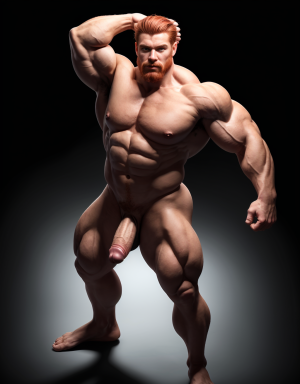 Un hombre de 25 años, de rasgos nórdicos, cabello rojizo y largo, barba rojiza y tupida, larga y trenzada, atlético y musculoso posa en un fondo completamente negro. Su cuerpo está completamente definido y simétrico, con una musculatura desarrollada y visible gracias a una iluminación dramática desde arriba que resalta cada fibra muscular. Se encuentra totalmente desnudo con su hermoso y enorme pene visible . Está descalzo y adopta una pose icónica de fisicoculturismo: su brazo derecho está extendido hacia arriba y hacia un lado, con los dedos señalando en esa dirección, mientras que su brazo izquierdo está flexionado a la altura del hombro, mostrando su bíceps. Su cabeza está girada levemente hacia arriba, siguiendo la línea de su brazo extendido, con una expresión de confianza. La iluminación fuerte y directa genera sombras profundas que acentúan su físico sobre el fondo oscuro, creando un efecto teatral e impactante.