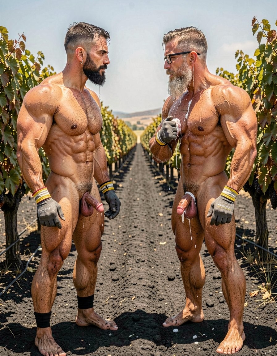 A hyper-realistic full-body vertical photograph captured in harsh direct midday sunlight over the black volcanic soil of a Santorini vineyard between rows of Assyrtiko vines. Two extremely muscular and very hairy men stand face to face, less than a hand's width apart, staring intensely into each other's eyes with maximum voluntary muscle tension. On the right, Hipsterbarba, 45 years old, completely naked except for black-rimmed glasses, long salt-and-pepper hipster beard and hair with grey at the temples, 8% dry fibrous vascular physique pushed to the absolute limit: massively pumped pecs covered in dense wet dark hair, shredded vascular abs, huge traps and shoulders, thick veiny arms, powerful legs planted firmly. His face, glasses, beard and hairy chest are still drenched and dripping with thick white cum from Dimitris. He grips his own thick erect cock tightly with his right hand while tensing every single muscle with brutal force. On the left stands Dimitris, 32-year-old Greek vineyard worker, 5% competition body-fat, short jet-black hair with shaved sides, thick dense black beard, silver earring in left ear, wearing only grey work gloves with yellow and white stripes. His physique is violently pumped: enormous raised traps, massive pecs under a thick mat of wet black curly hair, carved eight-pack abs, deep obliques, huge vascular arms, tree-trunk thighs and rock-hard calves. His heavy cock remains half-hard and pointing forward, still leaking thick white cum from the swollen purple glans. Both men are shown completely uncropped from their dirty bare feet sunk in the black volcanic earth all the way to the tops of their heads, bodies glistening with sweat, every strand of wet body hair visible, extreme vascularity and muscle tension pushed to breaking point, raw dominant masculine energy, intense eye contact, cinematic Mediterranean light creating razor-sharp shadows and highlights on skin, cum, sweat and hair, photorealistic detail with maximum texture.