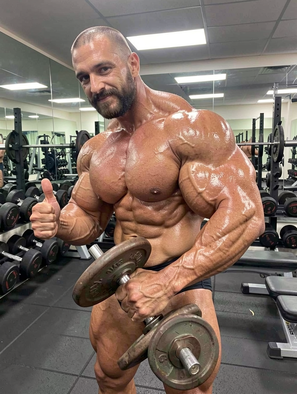Un culturista muy musculado posa en un gimnasio frente a un espejo, con el torso desnudo, la piel brillante por el aceite o el sudor y una expresión seria mientras levanta el pulgar en señal de aprobación. Su físico está extremadamente definido, con pectorales, abdominales, hombros, bíceps, tríceps, antebrazos y piernas muy marcados, destacando la vascularidad y el volumen muscular propio del culturismo competitivo. Sujeta una mancuerna o barra corta con discos metálicos en una mano, junto a un banco de pesas y una zona de mancuernas ordenadas al fondo. La iluminación de techo, el suelo de goma y los soportes de entrenamiento refuerzan el ambiente de sala de pesas intensa y profesional.